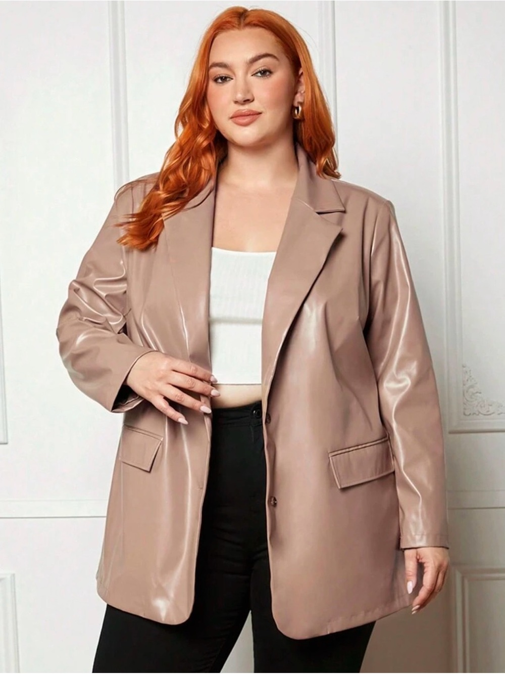 SHEIN Taupe Faux Leather Oversized Blazer